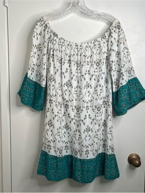 Lapogee White Floral Off-Shoulder Teal Border Dress Boho Peasant Medium Lined